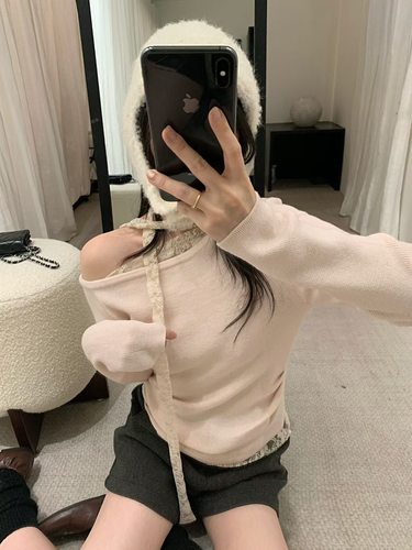 Dumpling 2025冬季新款韩系简约百搭拼接露肩飘带羊毛打底