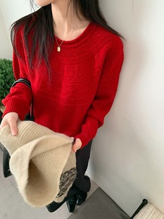 韩系简约百搭圆领复古提花羊毛衫 新款 2025冬季 饺子家正品