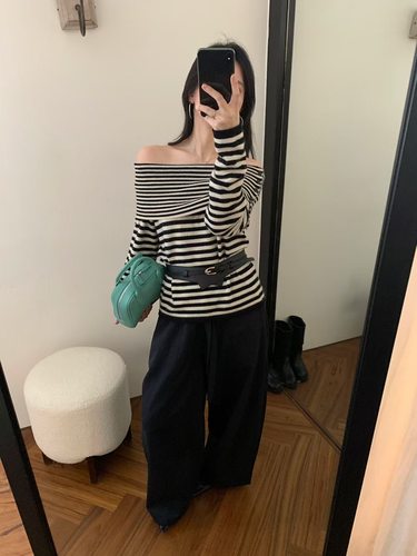 Dumpling 2025秋冬新款浣熊羊毛翻领一字肩毛衣