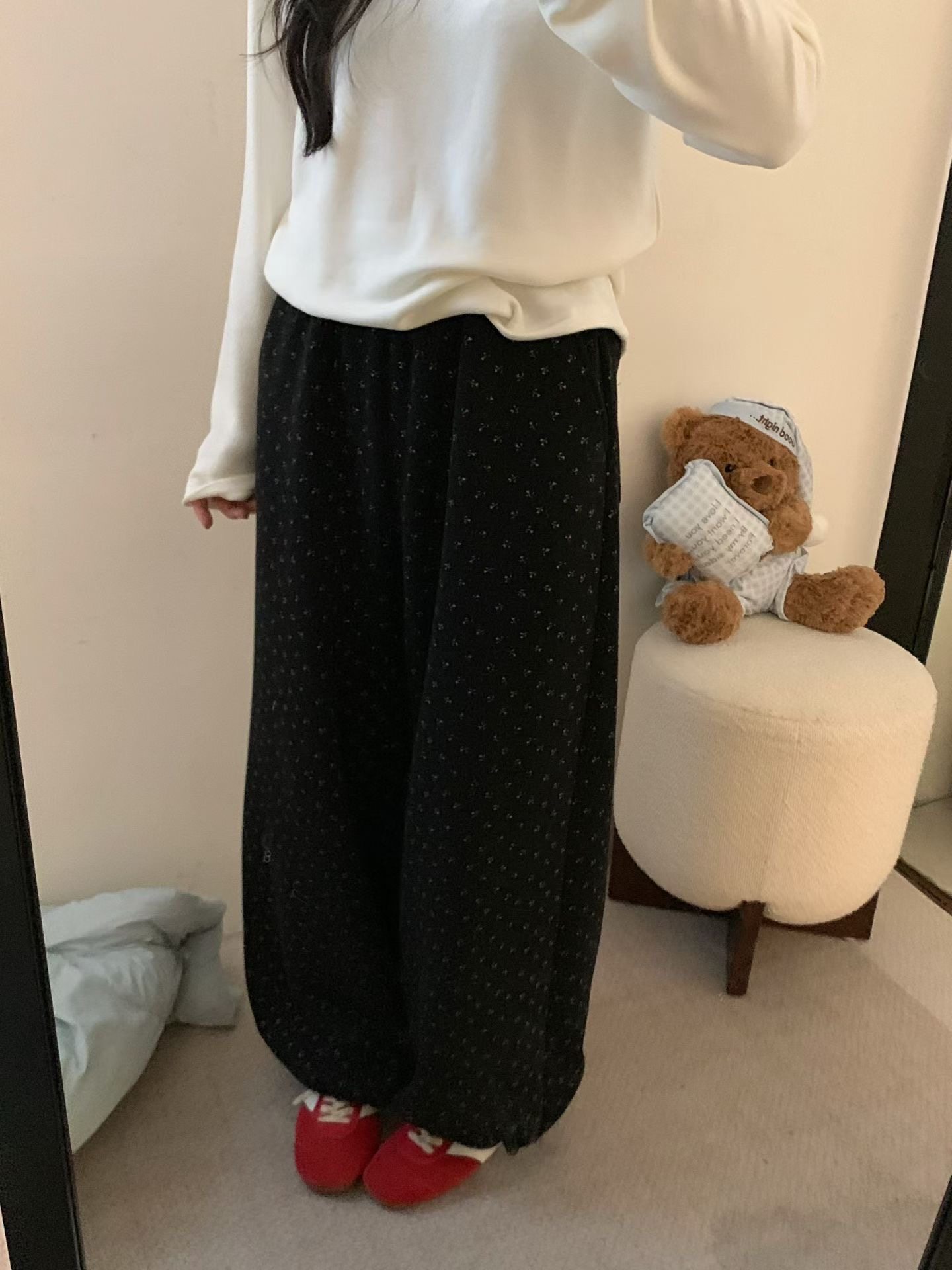 Dumpling 2025冬季新款韩系简约百搭松紧腰加绒碎花休闲裤