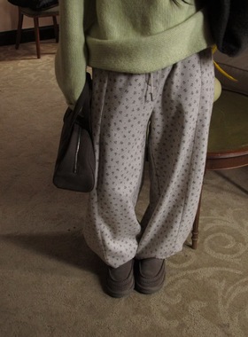 feel 2025冬季新款韩系简约百搭碎花抽绳直筒休闲裤