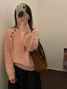 韩系简约百搭高领麻花羊毛马海绒毛衣 新款 Mone 2025冬季