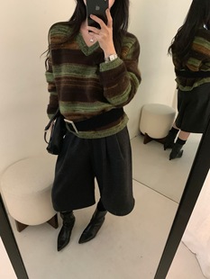 饺子家2025冬季新款韩系简约百搭V领条纹浣熊羊毛毛衣