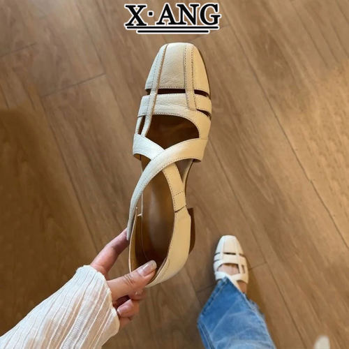 羊皮版超软底包头凉鞋女款夏外穿配裙子低跟不累脚镂空透气罗马鞋