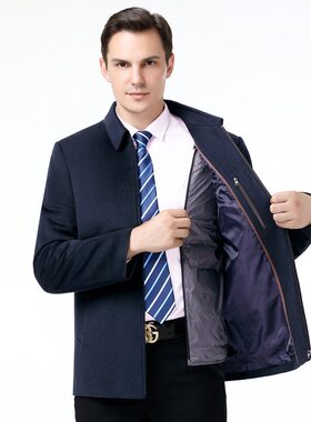 秋冬新款羊毛呢夹克男中老年男士翻领短款可拆羽绒服羊绒茄克外套