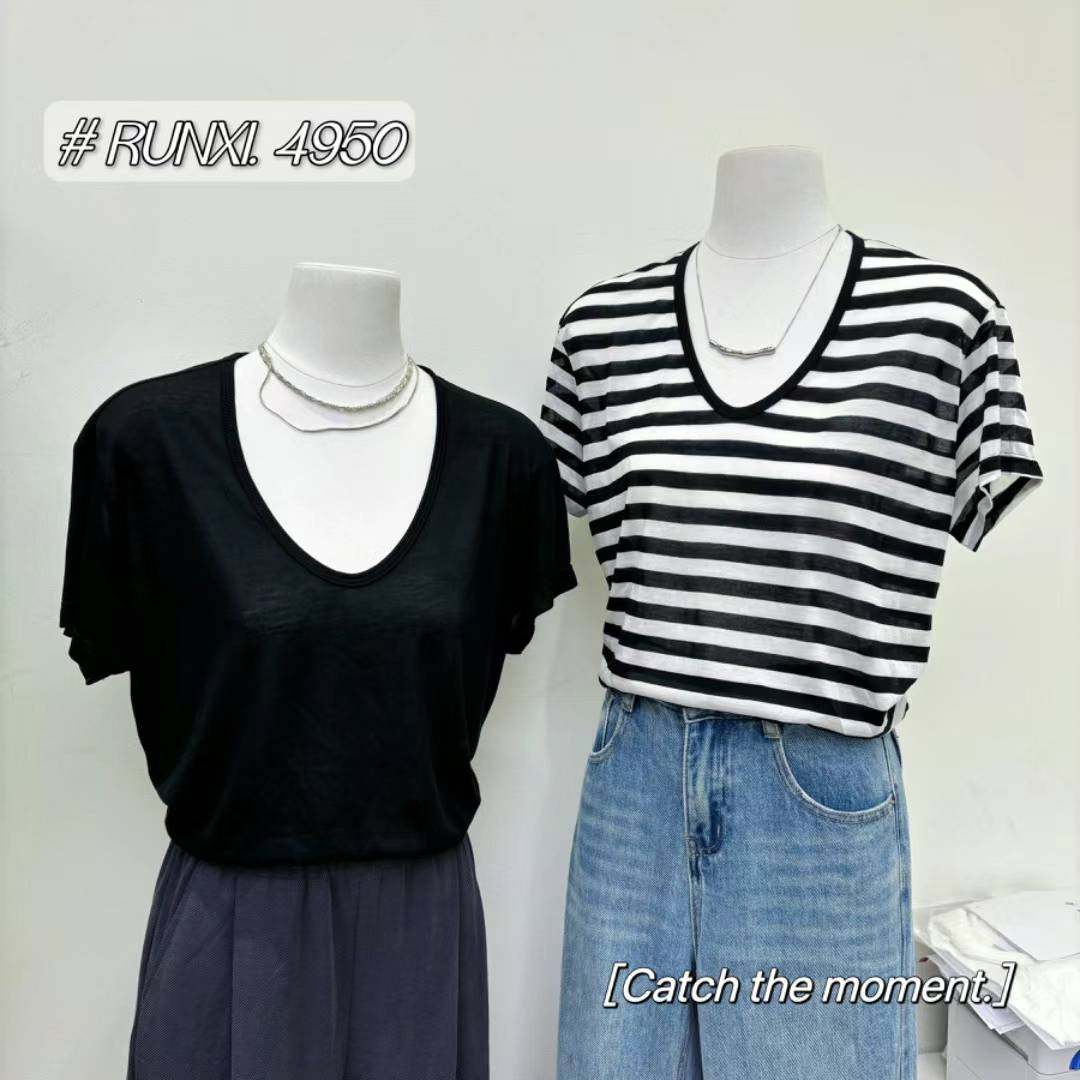 闰熙runxi4950-6莱赛尔短袖面膜t恤女2024年凉爽条纹薄款夏季上衣