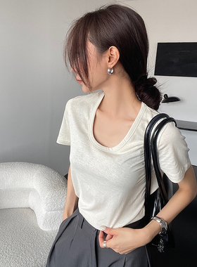 闰熙CECLLIA 5236-7洗水棉U领白色正肩短袖t恤女夏24韩版休闲上衣