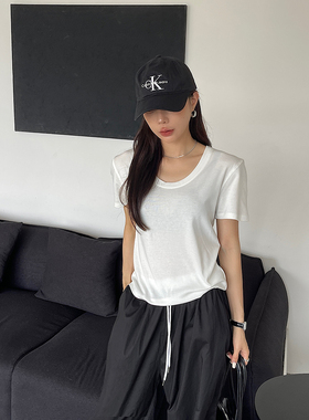 闰熙R家5073-3白色正肩短袖t恤女2024SS天丝羊毛韩版休闲U领上衣