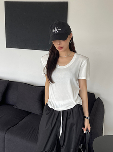 休闲U领上衣 t恤女2024SS天丝羊毛韩版 闰熙R家5073 3白色正肩短袖