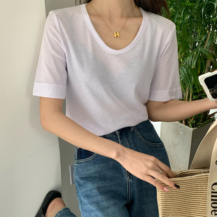闰熙R家2024夏季新款6532韩版斜纹棉麻双层U领翻袖设计锁骨T上衣