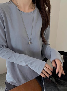 闰熙韩国2170-7白色长袖t恤女2023新款秋冬女装剪边打底衫上衣