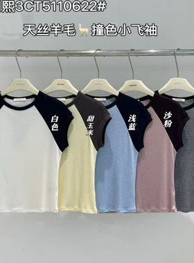 闰熙0622-3正品天丝羊毛撞色设计短袖T恤上衣女夏季新款小飞袖t恤