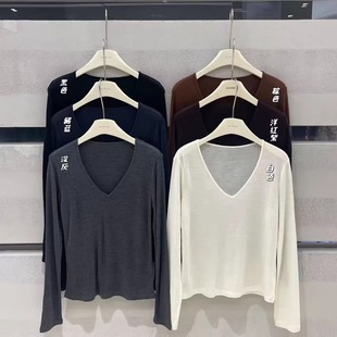 女25秋冬新款 闰熙R家3654 显瘦T恤打底衫 美利奴羊毛V领长袖 3正品