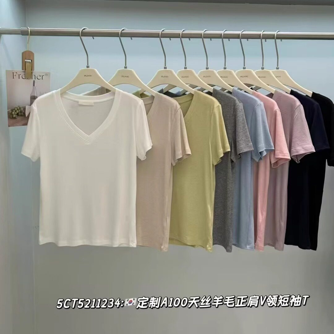 闰熙R家A100天丝羊毛1234-5正品高级感V领短袖T恤上衣女修身显瘦t