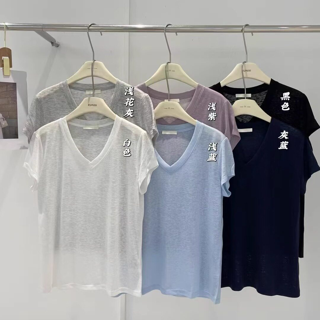闰熙runxi1409-3正品天丝雪花棉超舒服面膜T恤女25夏新款V领短袖t