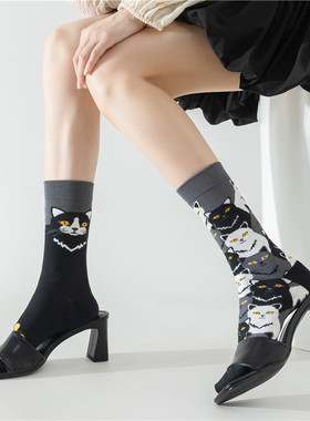 不对称ab袜子卡通条纹动物彩色运动可爱日系街头透气潮流中长筒袜