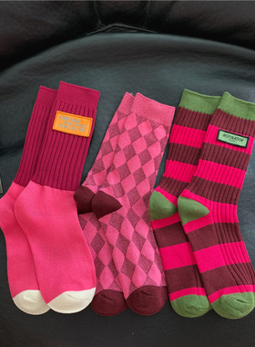 冬新布标条纹双针玫红拼色菱形中筒袜潮堆堆个性袜子百搭街头外穿