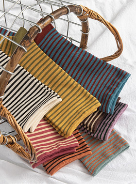 冬新法式复古素色基础款条纹棉质学院风袜女中筒清新百搭日系袜子