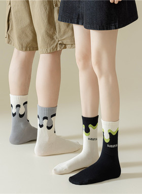 冬新牛奶波浪抽象不对称AB情侣袜子百搭棉街头个性潮袜中筒学院风