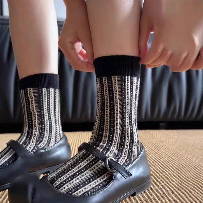 复古感条纹袜双针撞色棉