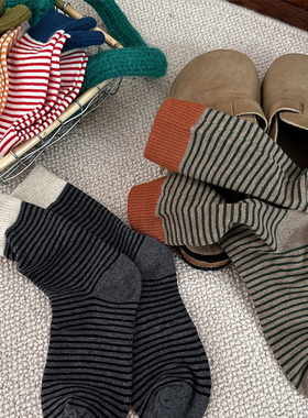 冬新撞色罗口条纹复古暖色女袜子棉休闲中筒百搭个性堆堆袜氛围感