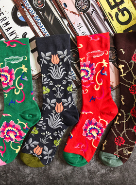 冬新东北民族大花袜网红宫廷系列外穿百搭个性街头红色绿色花袜子