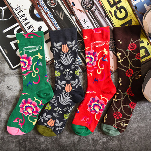 冬新东北民族大花袜网红宫廷系列外穿百搭个性 街头红色绿色花袜子