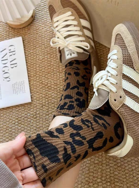 咖色豹纹斑点袜子女中筒袜堆堆长袜运动欧美风潮女街头百搭透气棉