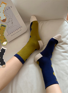 冬新波浪纹棉AB不对称袜子个性日系拼色简约层次百搭外穿街头中筒