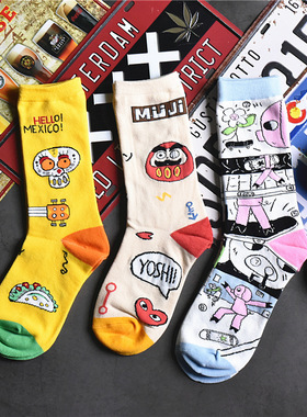 日系韩版插画少女学院风袜子小清新百搭潮袜男女冬新ins小红书