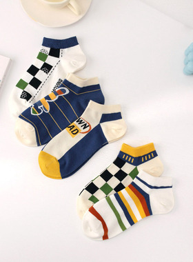 彩色袜子女棋盘格条纹船袜ins卡通情侣浅口短袜透气百搭可爱