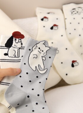 小猫小狗网眼波点袜子ins潮中筒卡通立体透气百搭潮女无骨袜