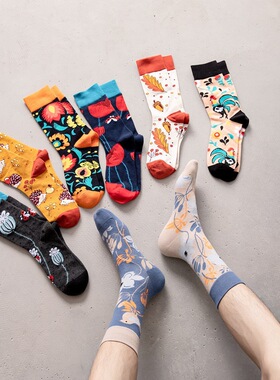 冬新ab不对称袜子情侣动物个性街头ins卡通提花长筒棉袜百搭运动