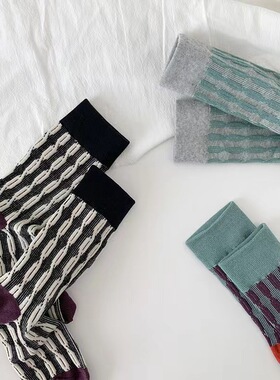 冬新撞色麻花立体浮雕女棉质中筒袜ins复古森系透气百搭街头袜子