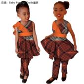 girls top set printed African sided wax double pants