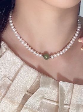 天然串珠珍珠项链女和田玉吊坠小众高级感锁骨链时尚气质珍珠颈链
