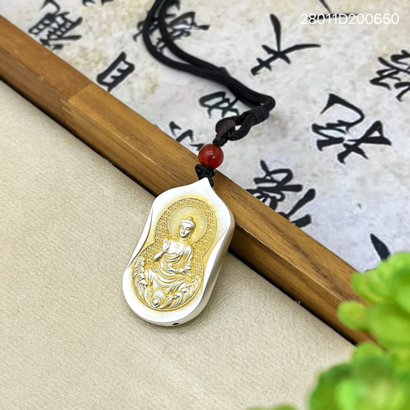 s999纯银项链女大日如来古法实心描金吊坠复古百搭福字民族风挂坠