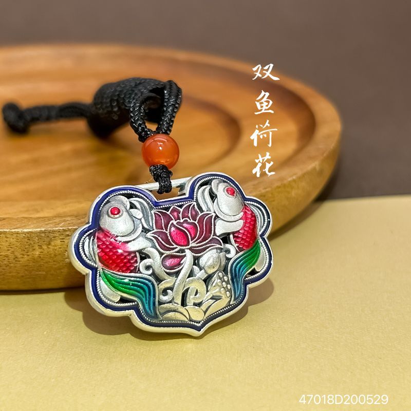 s999纯银项链女款锦鲤莲花珐琅彩平安锁吊坠复古国潮荷花双鱼颈链