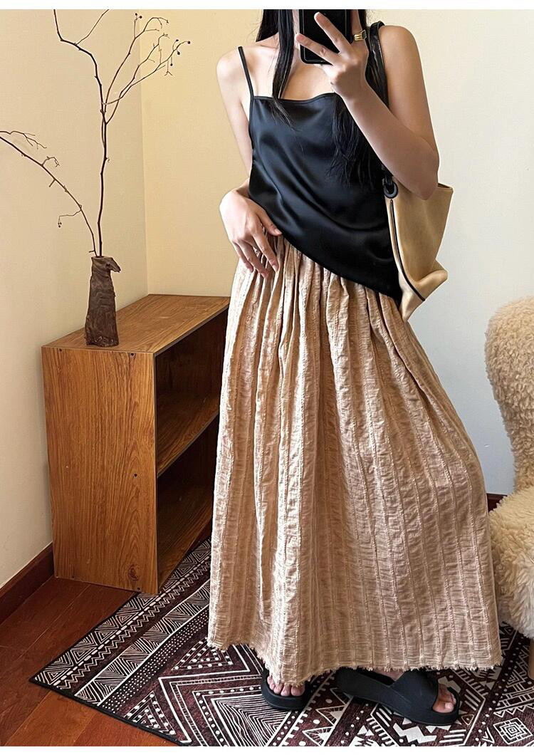 UMASTAND·茶咖色条纹机理半裙纱裙 纯棉面料