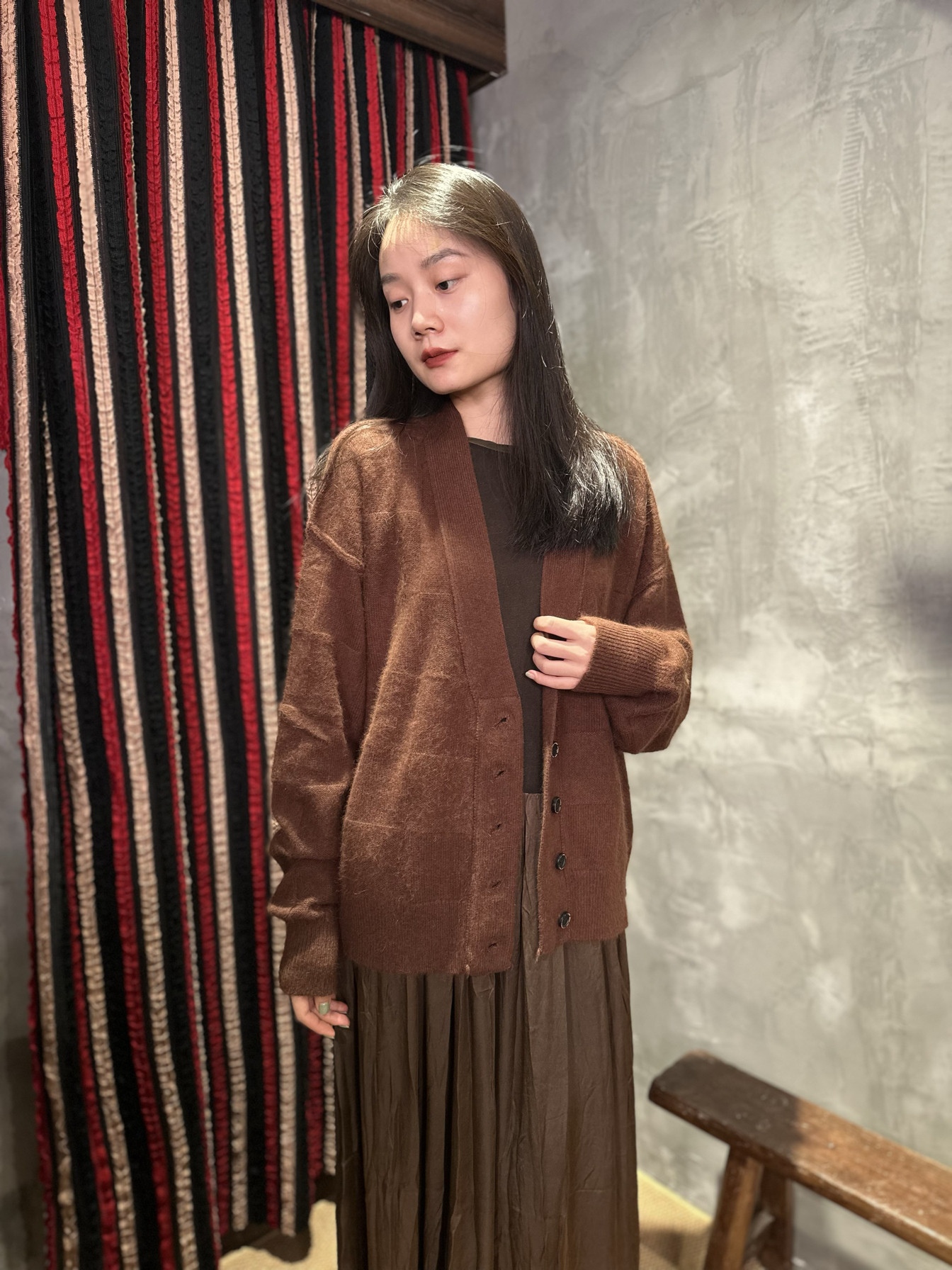 UMASTAND·红棕色棋盘格羊毛开衫