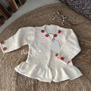 婴幼儿纯棉棉纱线草莓手工刺绣开衫 针织衫 裙摆上衣裙 高货