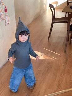 软乎乎儿童精灵帽德芙绒秋冬长袖 条纹巫师帽打底上衣