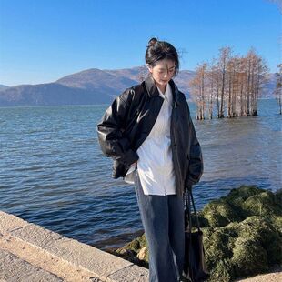 女款2024春秋季黑色新款夹克外套皮衣感短款机车小个子