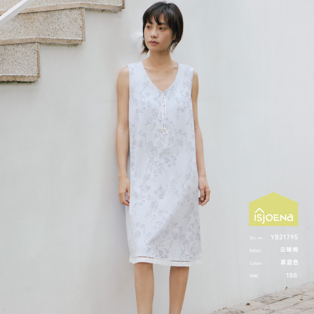 伊姿娇娜夏季新款女士V领无袖背心睡裙贝贝安莫棉甜美休闲家居服