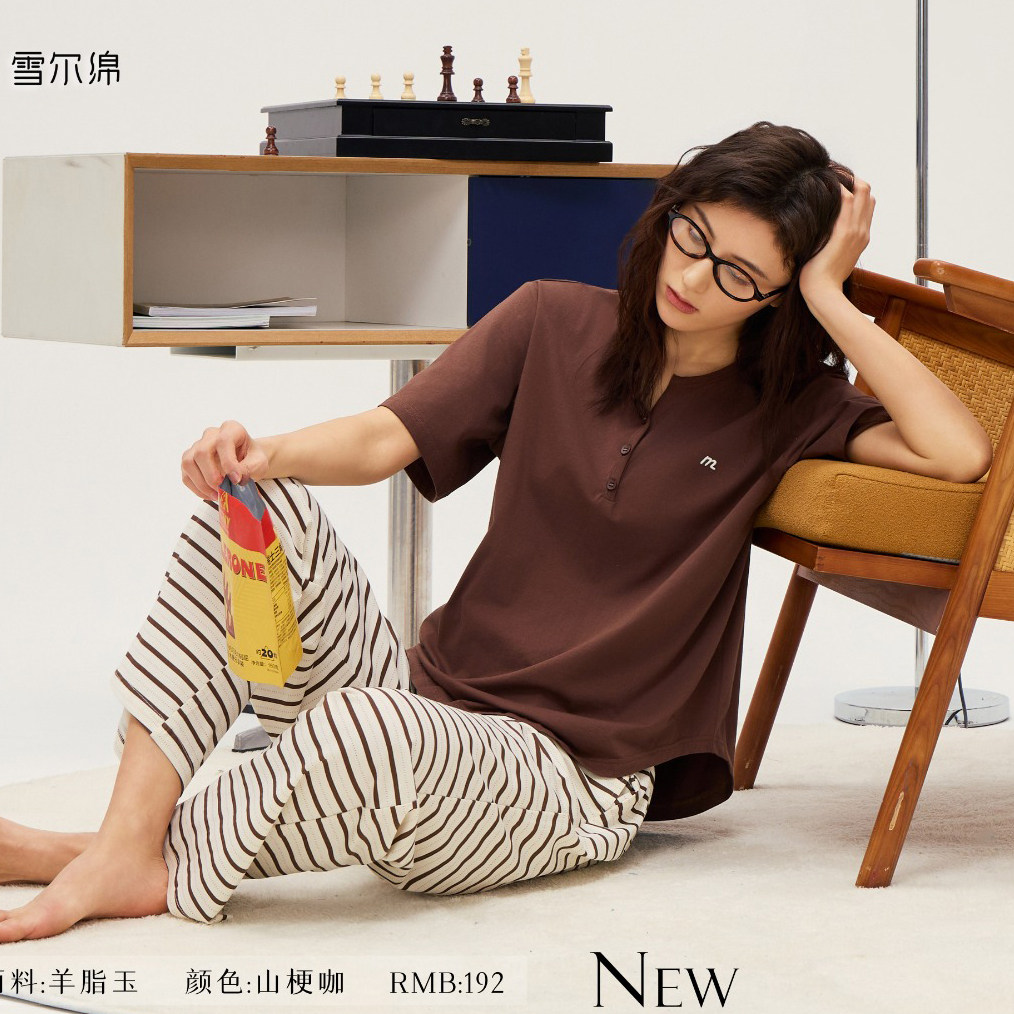 雪尔绵夏季新款女士套头短袖长裤羊脂玉纯棉休闲家居服睡衣套装