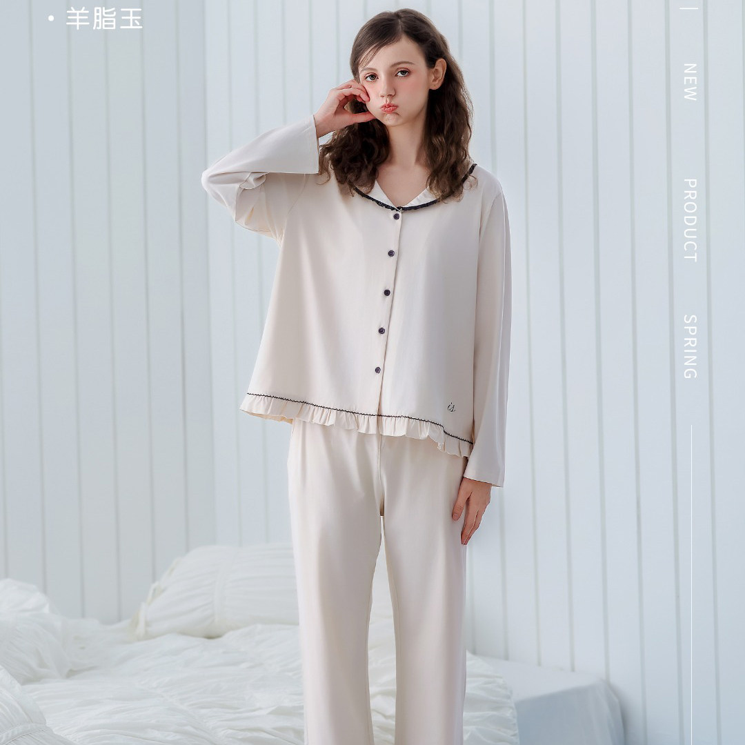 伊姿娇娜春秋季新款女士娃娃领开衫长袖纯棉甜美休闲睡衣套装