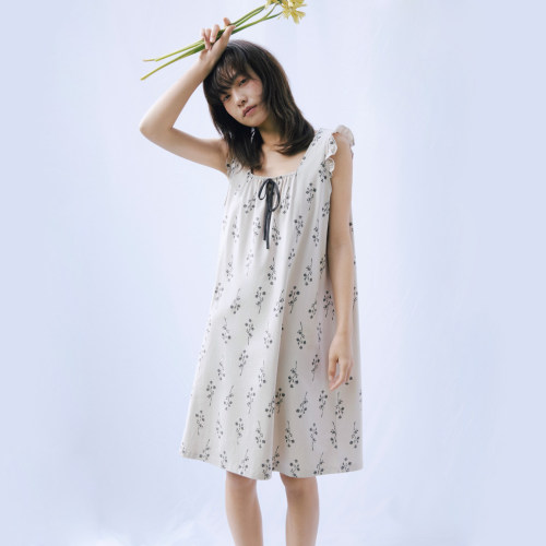伊姿娇娜夏季新款女士方领无袖睡裙贝贝安莫棉甜美休闲家居服外穿