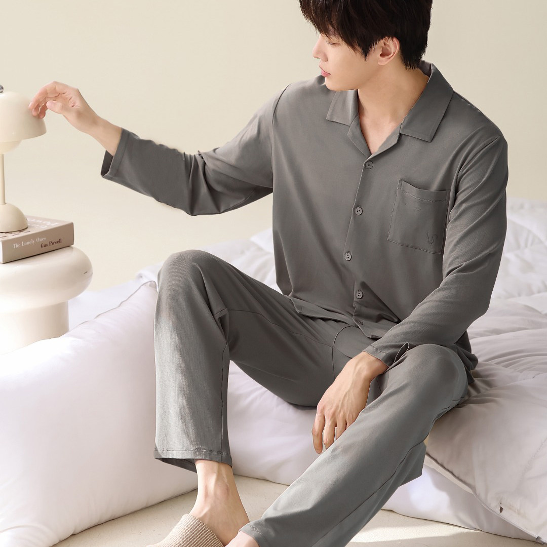 伊姿娇娜秋季新款男士开衫长袖悦尔棉宽松休闲家居服睡衣套装