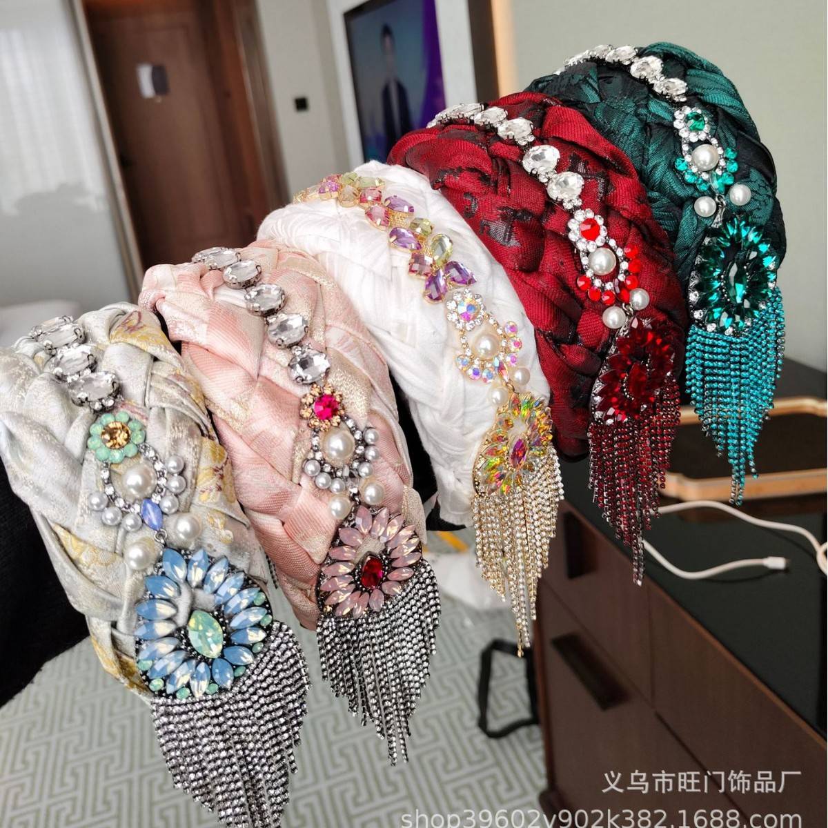 欧版奢华彩钻流苏发箍高颅顶宽边