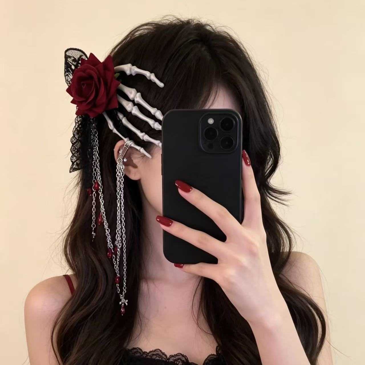 冥界新娘~万圣节红色玫瑰骷髅手